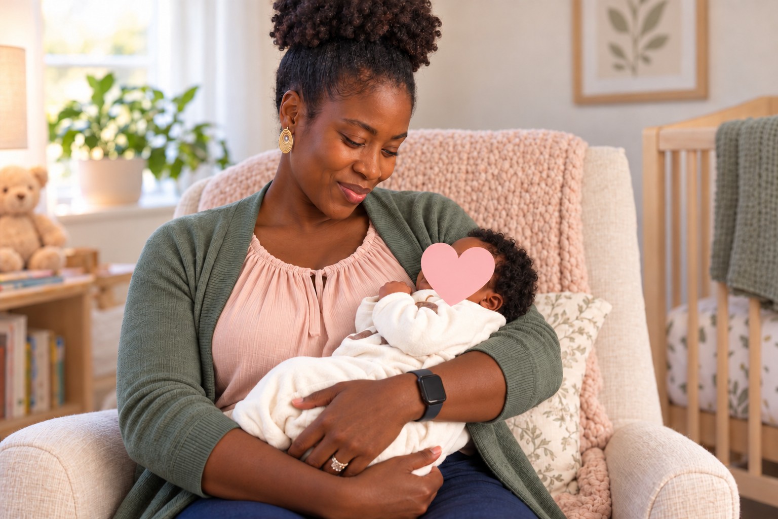 Illustrative portrait of Cheriska gently cradling a baby, with a heart covering the baby’s face for privacy